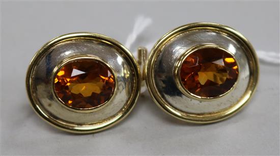 A pair of white and yellow metal earrings, each set with an oval cut citrine, 20mm.